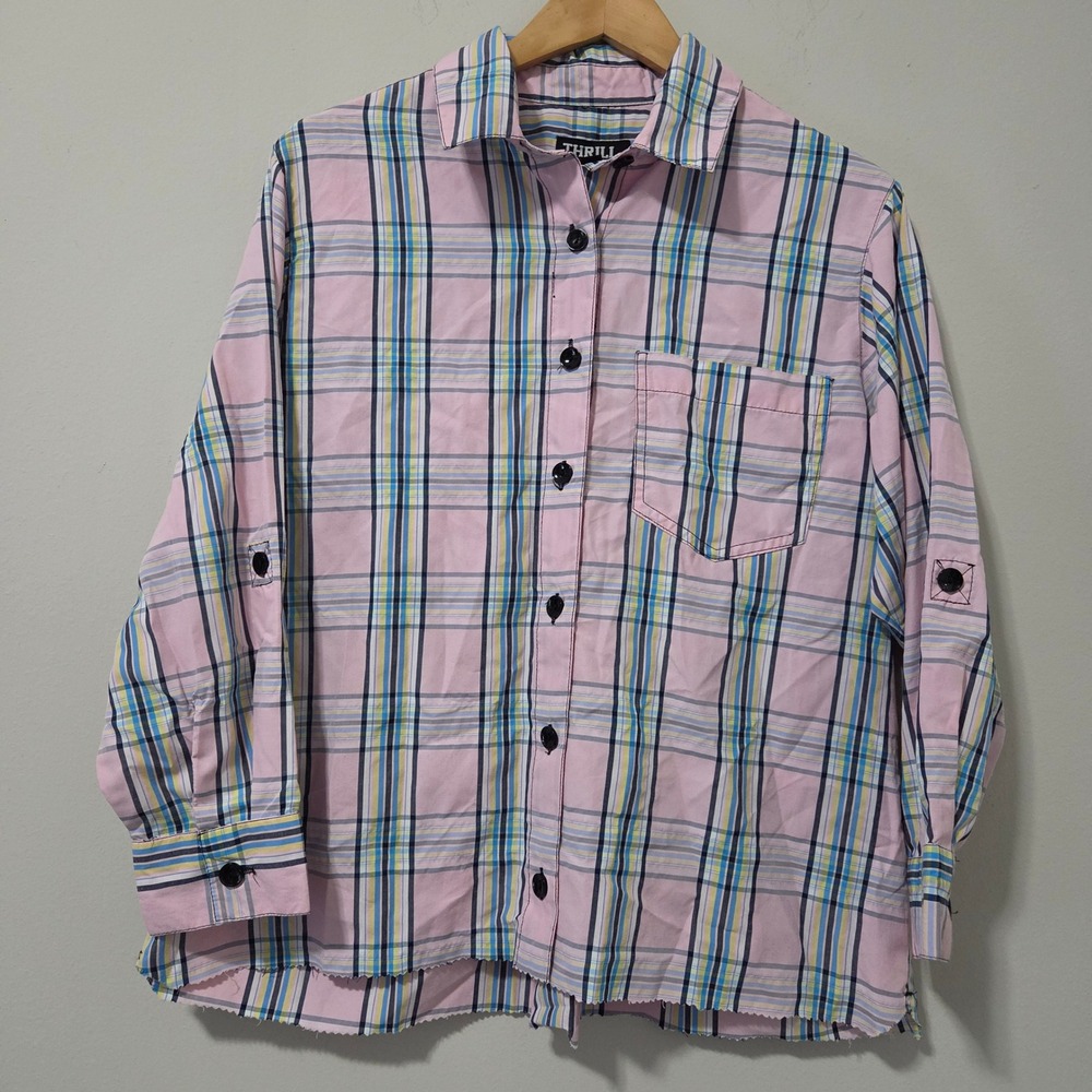 Thrill Jeans Womens 1X Pink Plaid Roll Tab Sleeve Button Up Shirt Raw Hem - Picture 1 of 6